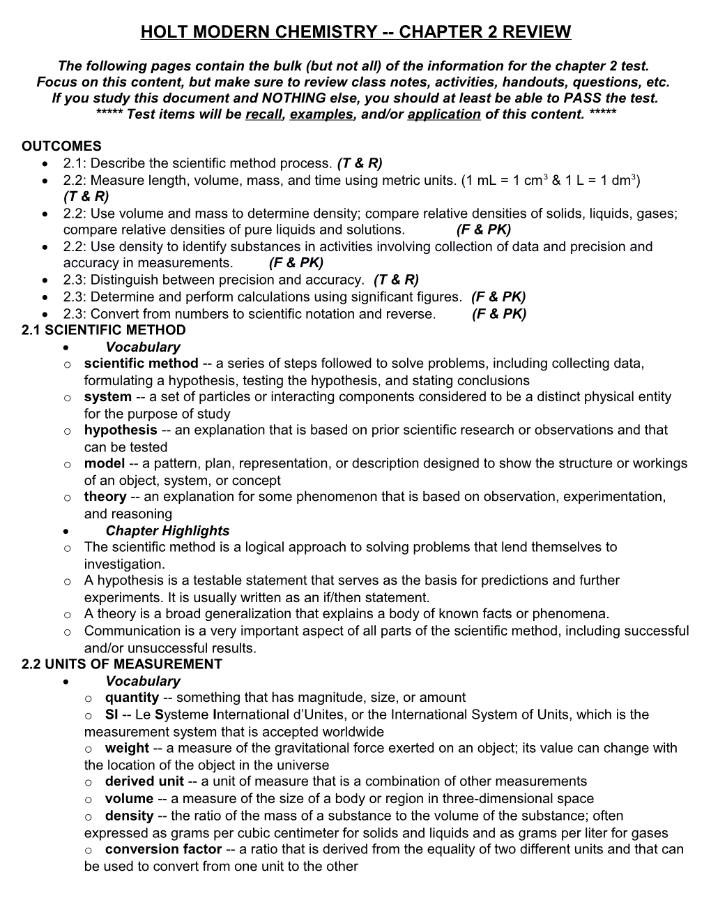 Holt Modern Chemistry Chapter 2 Review