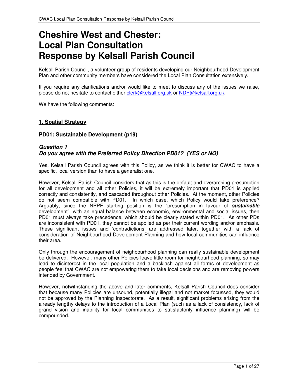 Cheshire West and Chester: Local Plan Consultation Response by Kelsall Parish Council