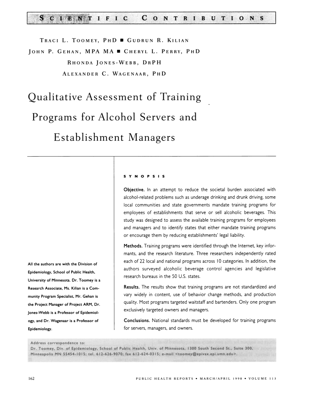 Qualitative Assessment of Training Programs for Alcohol Servers and Establishment Managers