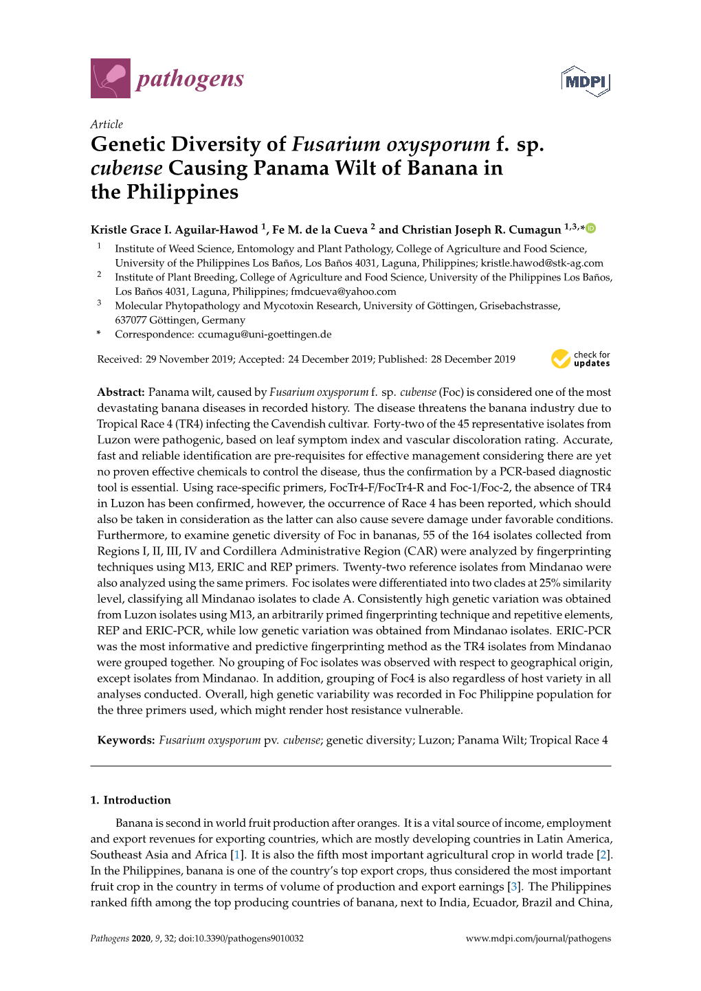 Genetic Diversity of Fusarium Oxysporum F. Sp. Cubense Causing Panama Wilt of Banana in the Philippines