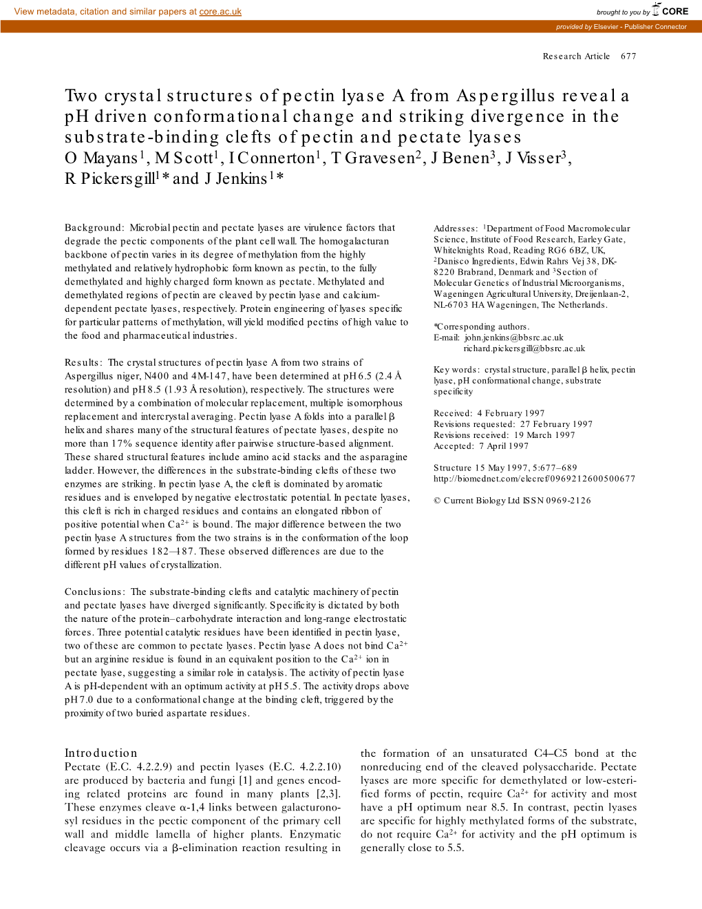 Two Crystal Structures of Pectin Lyase a from Aspergillus Reveal a Ph