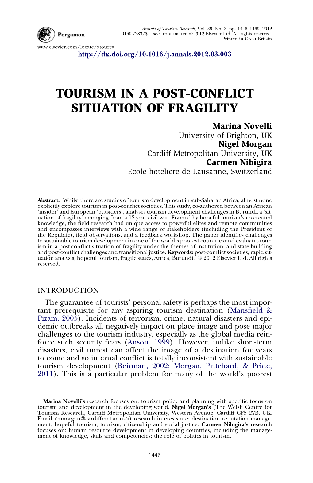 Tourism in a Post-Conflict Situation of Fragility