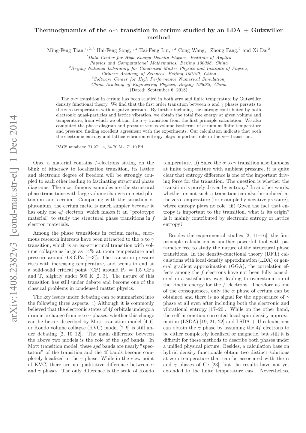 Thermodynamics of the $\Alpha $-$\Gamma $ Transition in Cerium