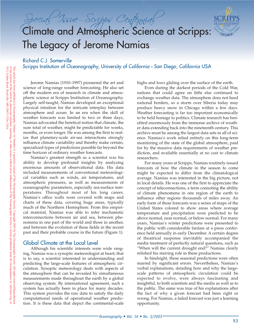 Special Issue—Scripps Centennial Climate and Atmospheric Science at Scripps: the Legacy of Jerome Namias