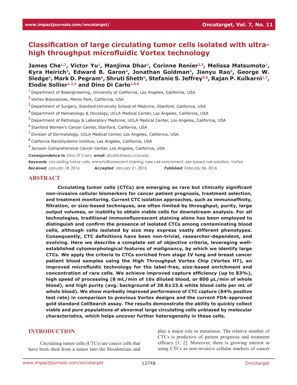 Classification of Large Circulating Tumor Cells Isolated with Ultra- High Throughput Microfluidic Vortex Technology