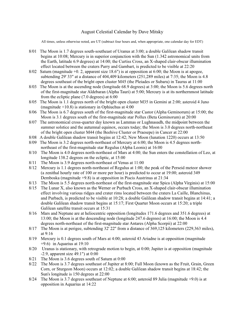 August Celestial Calendar by Dave Mitsky