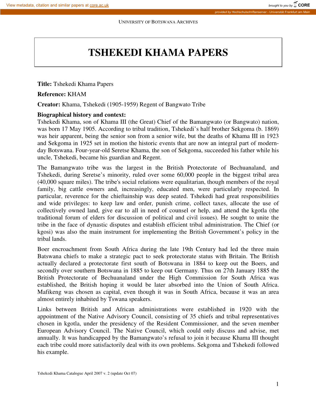 Tshekedi Khama Papers