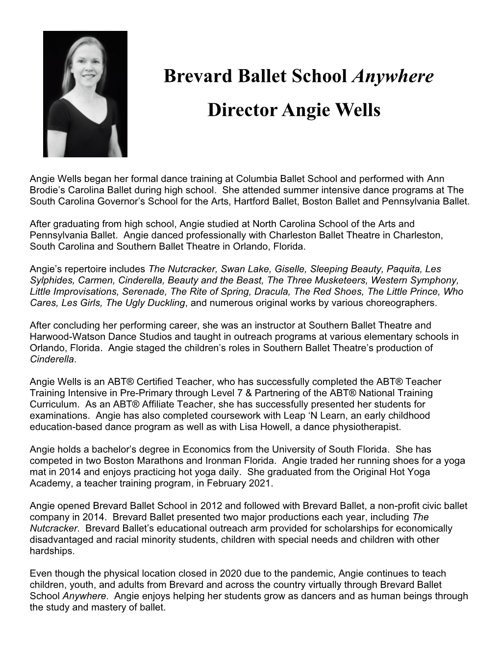 Brevard Ballet School Anywhere Director Angie Wells