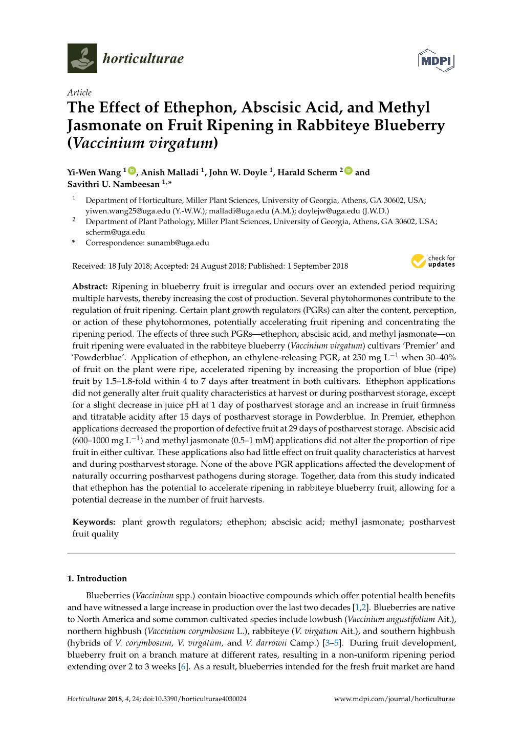 The Effect of Ethephon, Abscisic Acid, and Methyl Jasmonate on Fruit Ripening in Rabbiteye Blueberry (Vaccinium Virgatum)