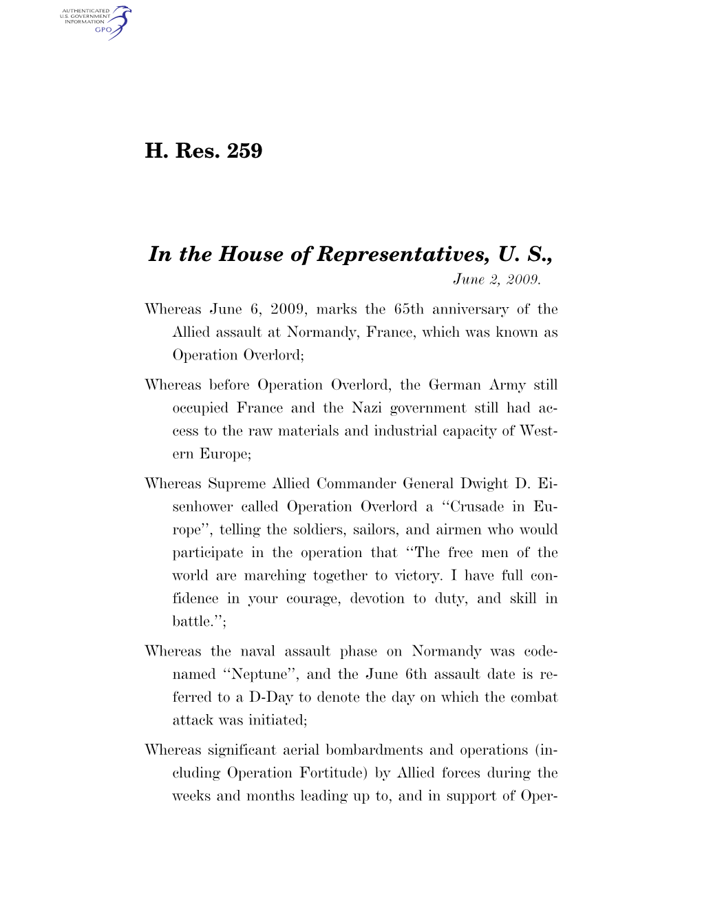 H. Res. 259 in the House of Representatives