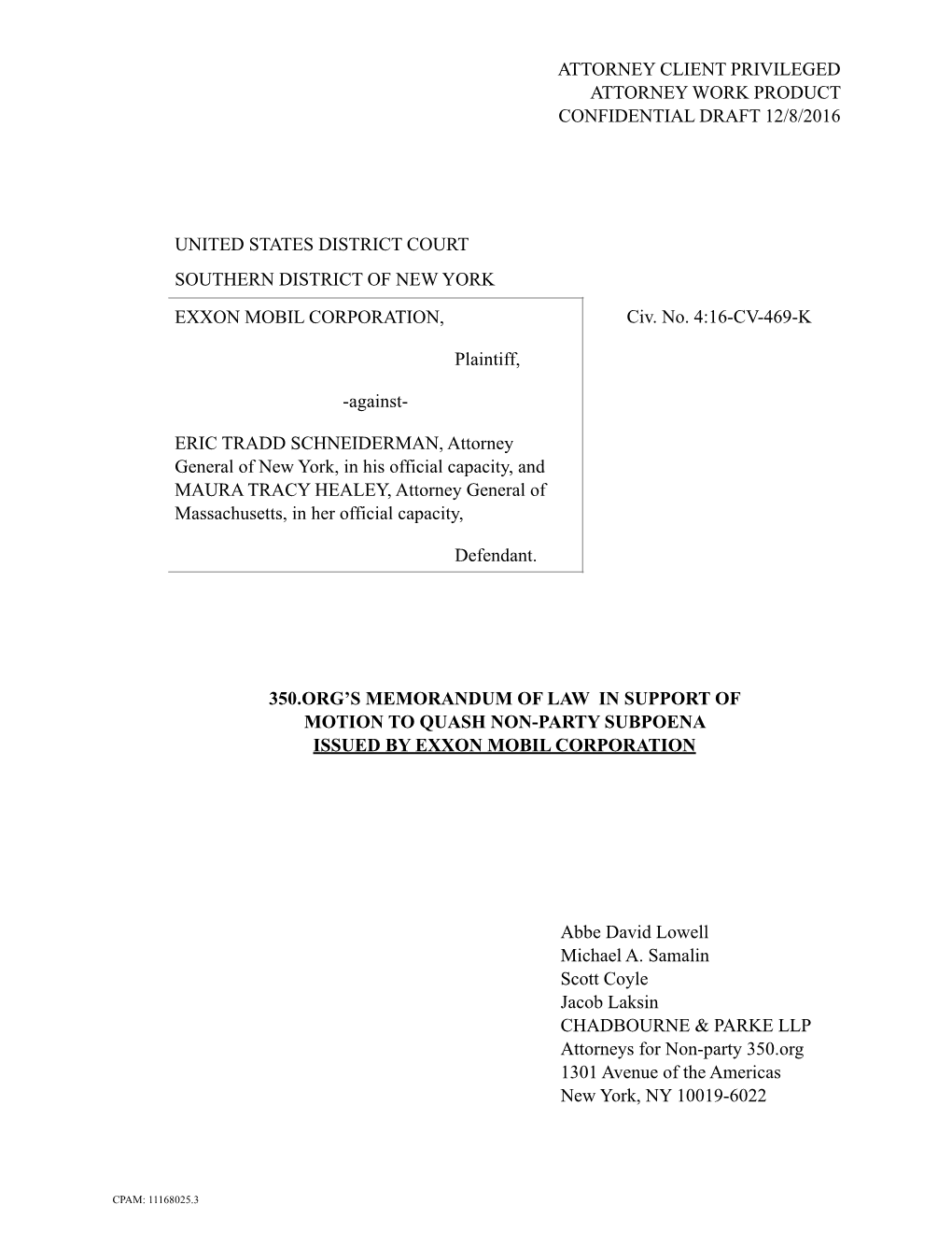 350.Org Motion to Quash Exxonmobil Subpoena