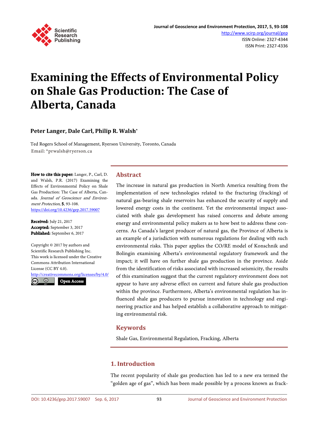 Examining the Effects of Environmental Policy on Shale Gas Production: the Case of Alberta, Canada