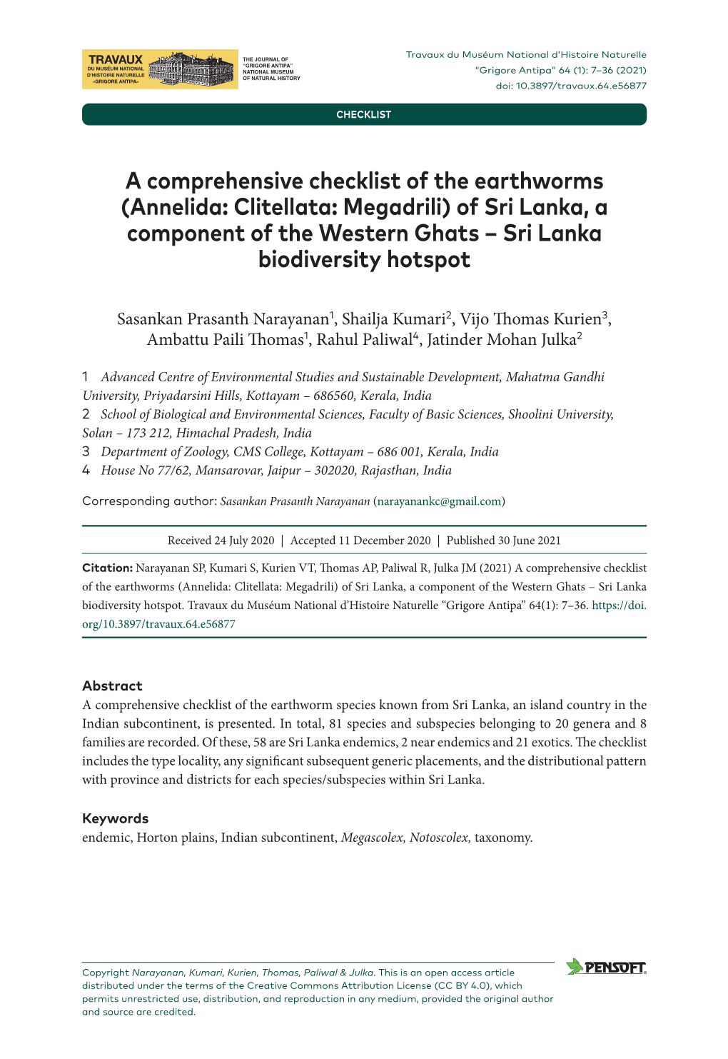 A Comprehensive Checklist of the Earthworms (Annelida: Clitellata: Megadrili) of Sri Lanka, a Component of the Western Ghats – Sri Lanka Biodiversity Hotspot