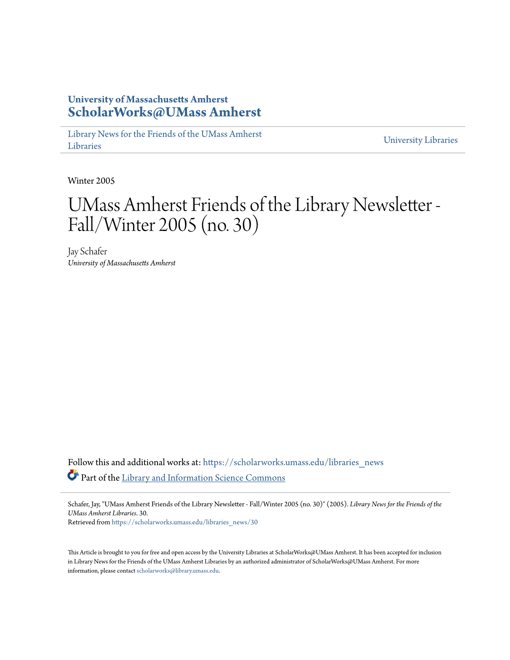 Umass Amherst Friends of the Library Newsletter - Fall/Winter 2005 (No