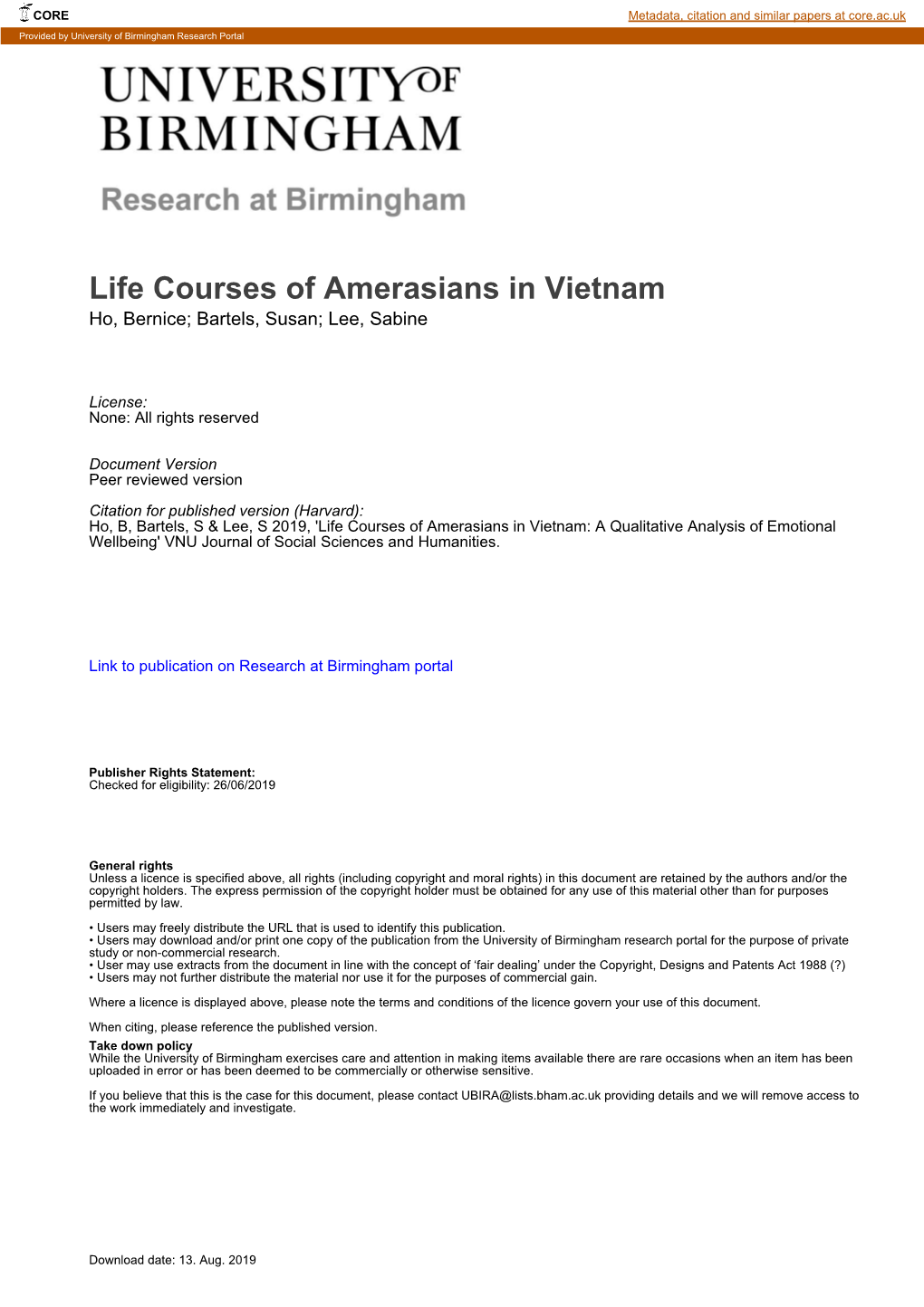 Life Courses of Amerasians in Vietnam Ho, Bernice; Bartels, Susan; Lee, Sabine