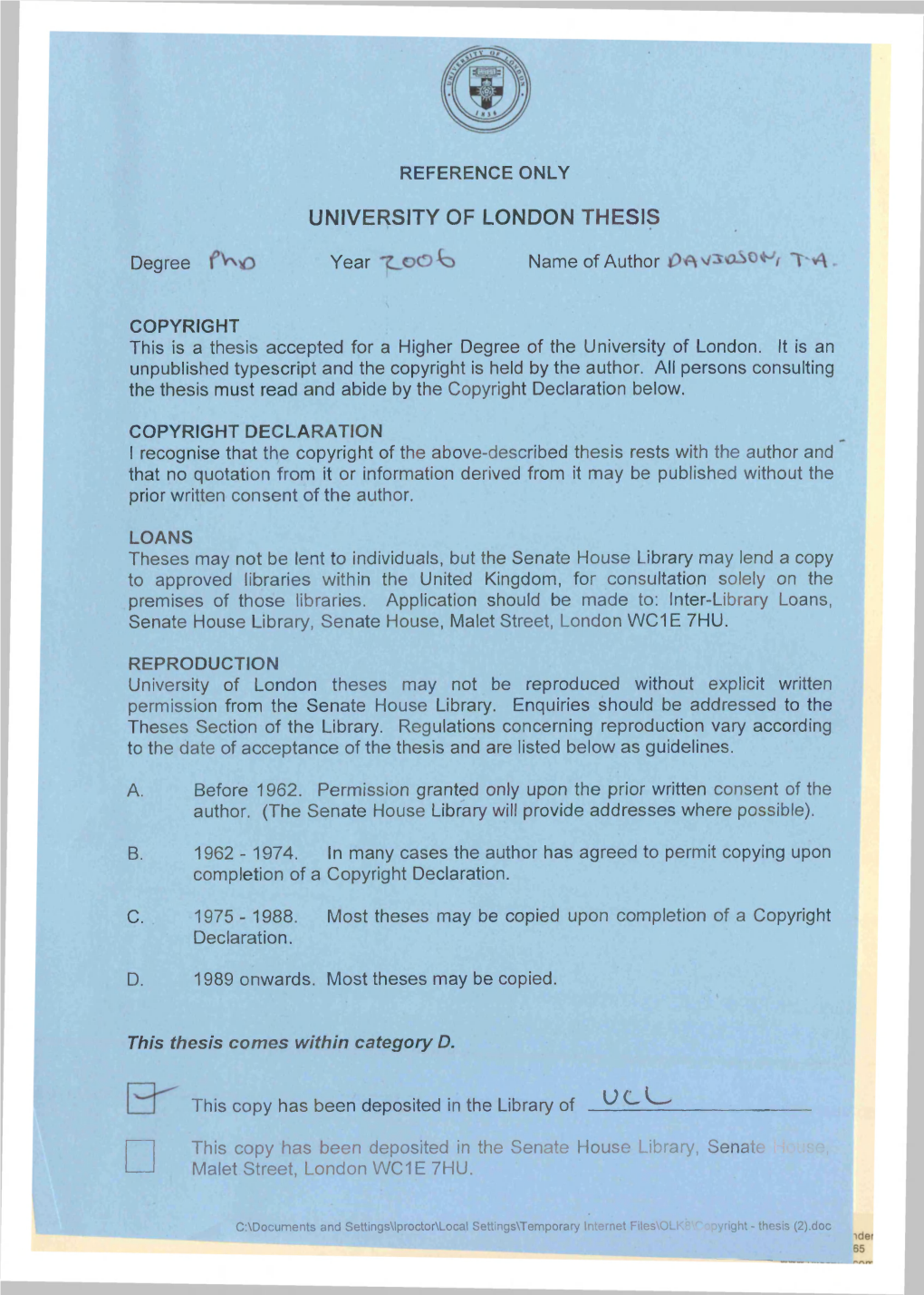 University of London Thesis