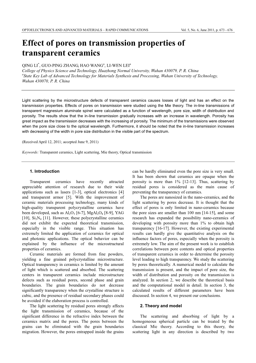 Effect of Pores on Transmission Properties of Transparent Ceramics