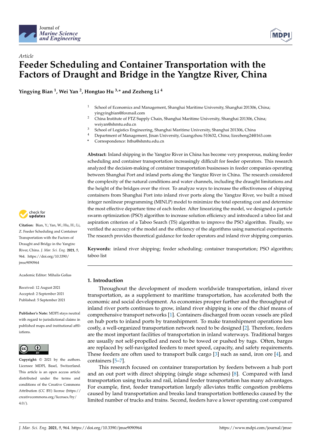 Feeder Scheduling and Container Transportation with the Factors of Draught and Bridge in the Yangtze River, China