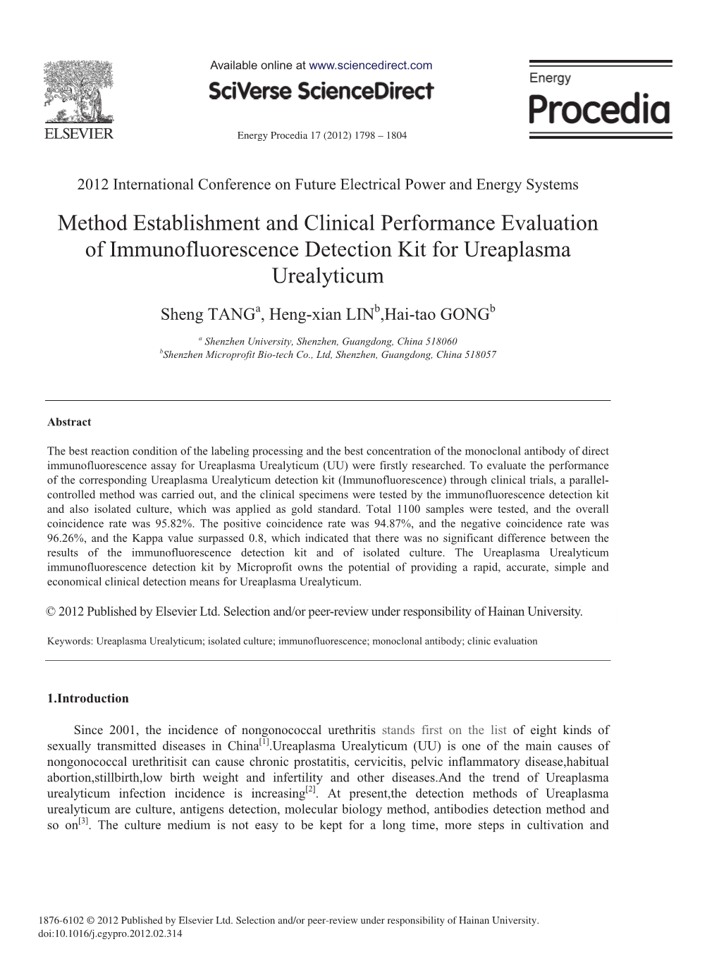 Method Establishment and Clinical Performance Evaluation of Immunofluorescence Detection Kit for Ureaplasma Urealyticum