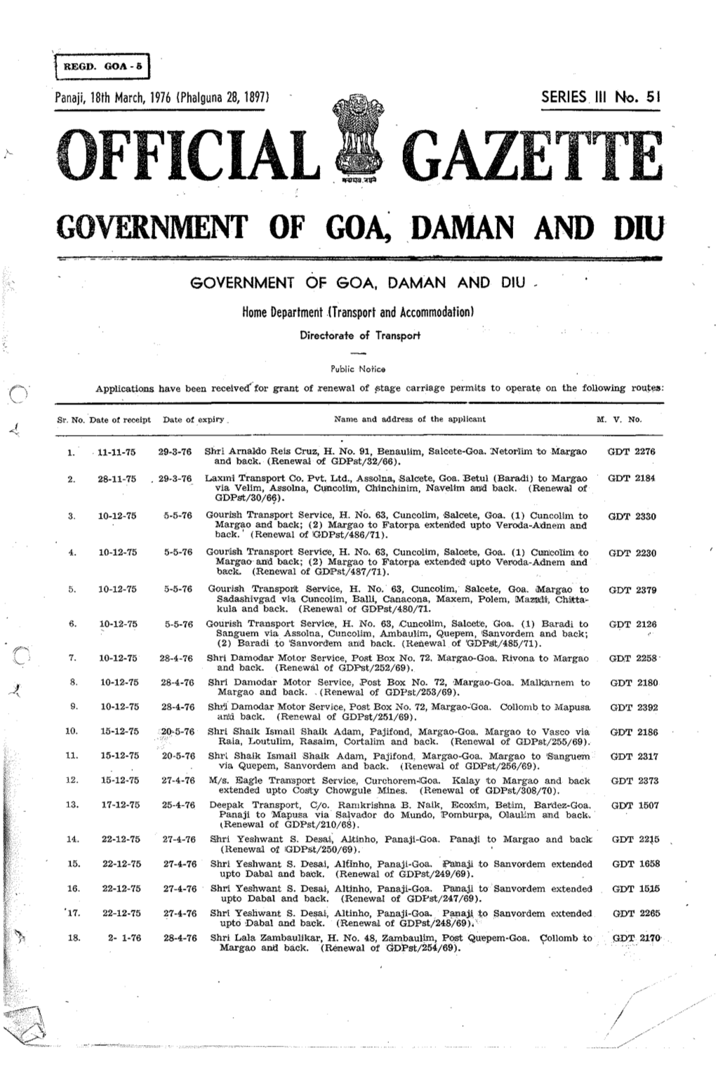 Official Gazette Government of Go~Daman and Diu
