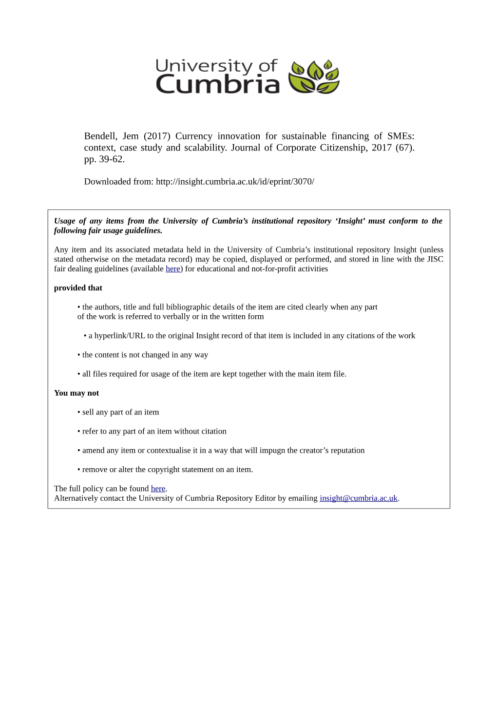 (2017) Currency Innovation for Sustainable Financing of Smes: Context, Case Study and Scalability