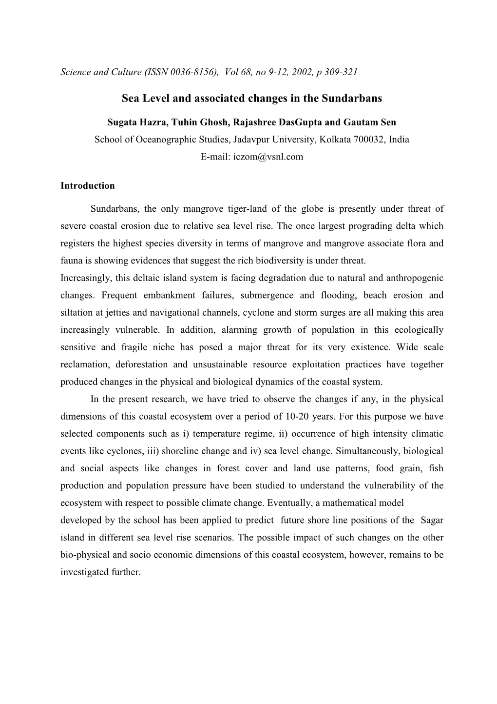 Sea Level and Associated Changes in the Sundarbans