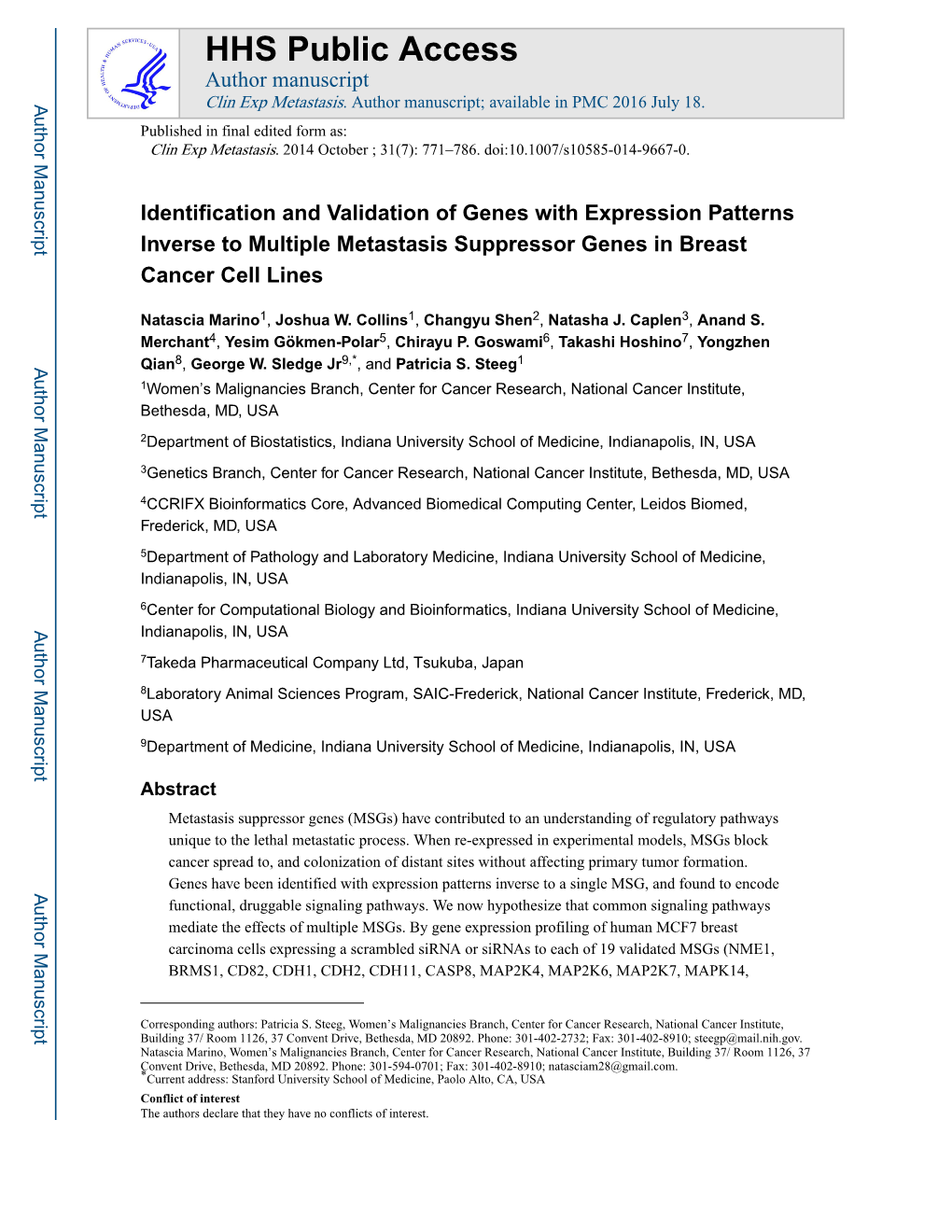 Identification and Validation of Genes with Expression Patterns Inverse to Multiple Metastasis Suppressor Genes in Breast Cancer Cell Lines