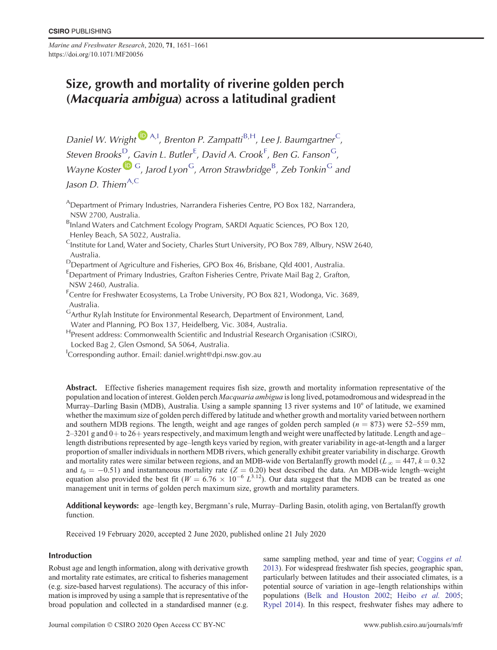 Size, Growth and Mortality of Riverine Golden Perch (Macquaria Ambigua) Across a Latitudinal Gradient