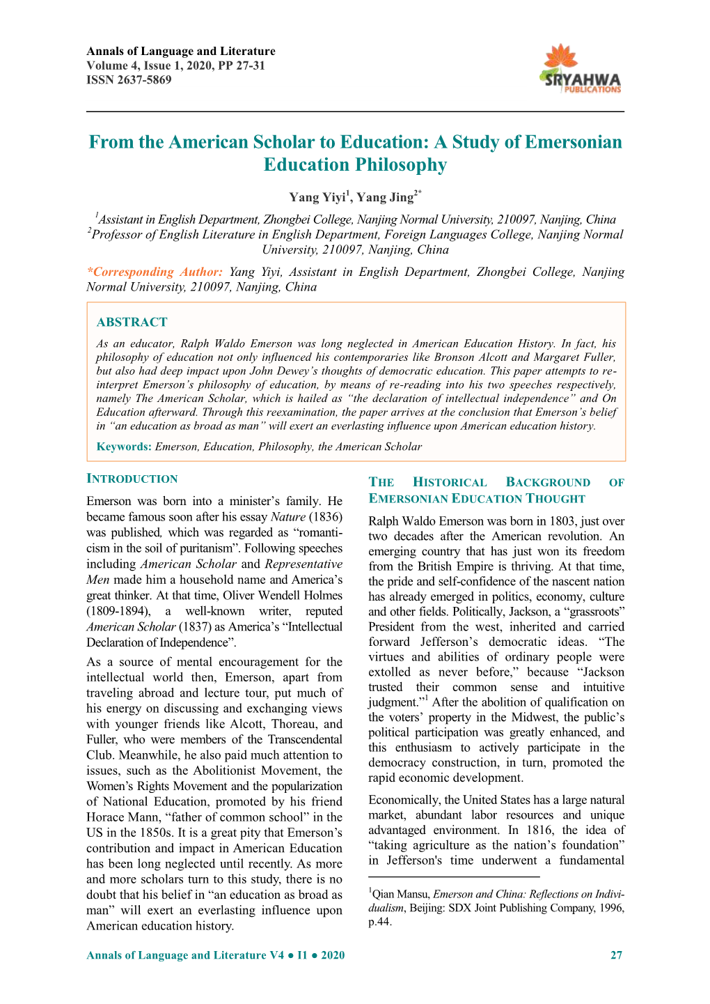 From the American Scholar to Education: a Study of Emersonian Education Philosophy