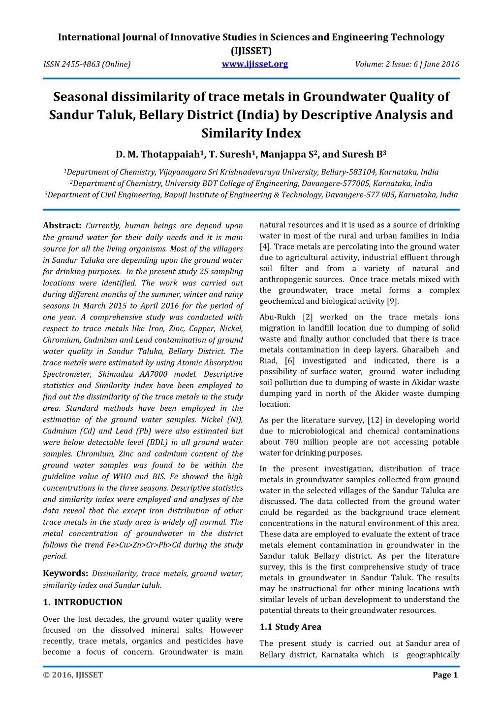 Seasonal Dissimilarity of Trace Metals in Groundwater Quality of Sandur Taluk, Bellary District (India) by Descriptive Analysis and Similarity Index D