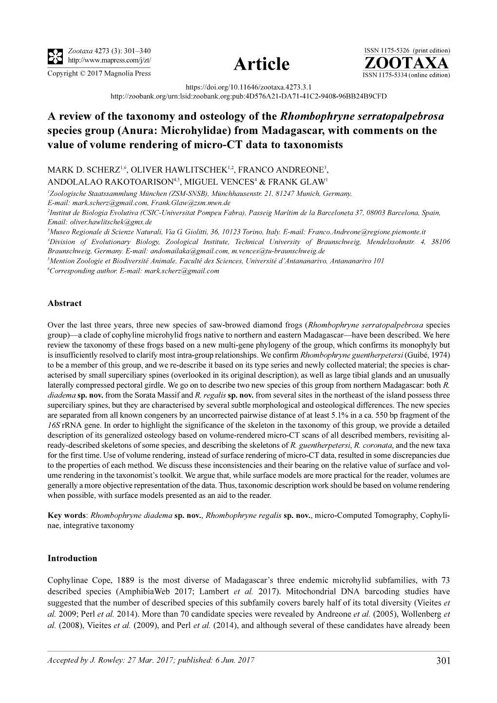 A Review of the Taxonomy and Osteology of the Rhombophryne