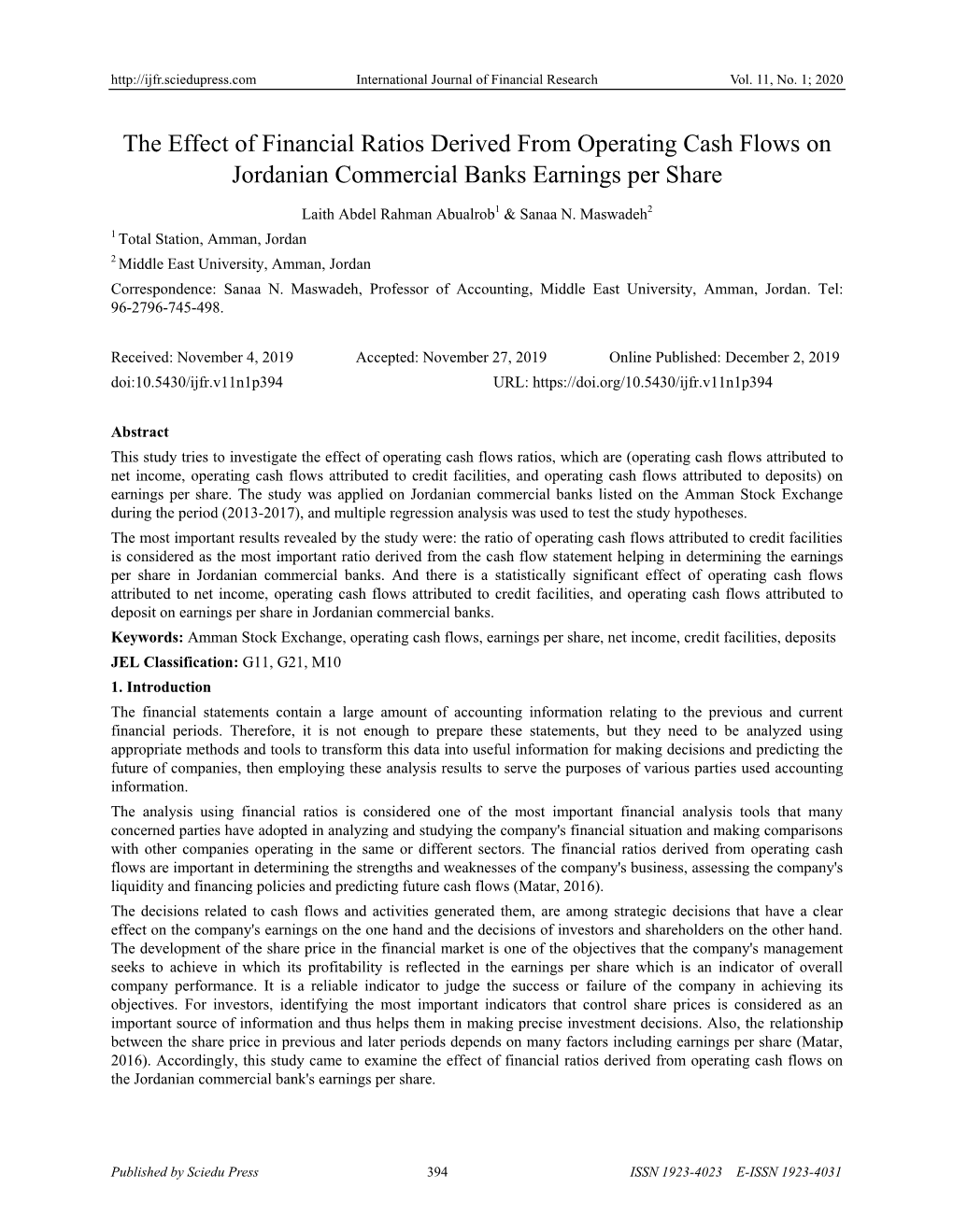 The Effect of Financial Ratios Derived from Operating Cash Flows on Jordanian Commercial Banks Earnings Per Share