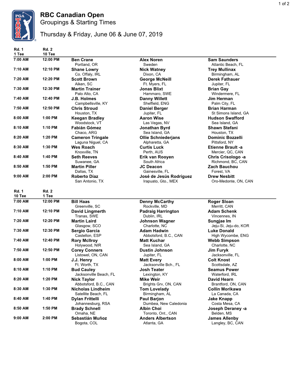 RBC Canadian Open Groupings & Starting Times Thursday & Friday, June 06 & June 07, 2019
