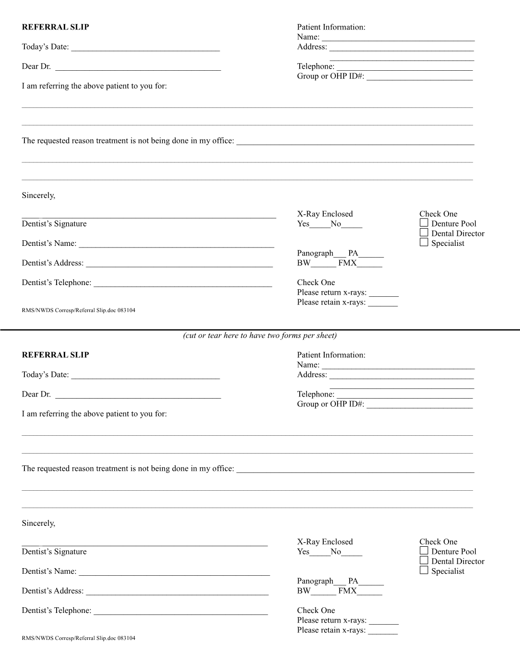 REFERRAL SLIP Patient Information