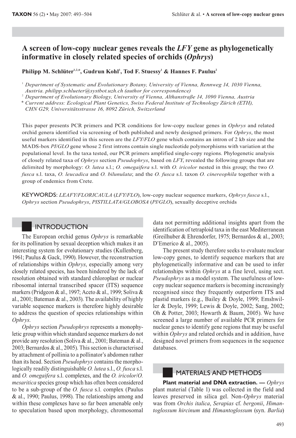 A Screen of Low-Copy Nuclear Genes Reveals the LFY Gene As Phylogenetically Informative in Closely Related Species of Orchids (Ophrys)