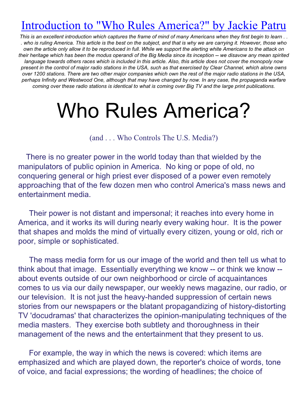 Who Rules America?" by Jackie Patru This Is an Excellent Introduction Which Captures the Frame of Mind of Many Americans When They First Begin to Learn
