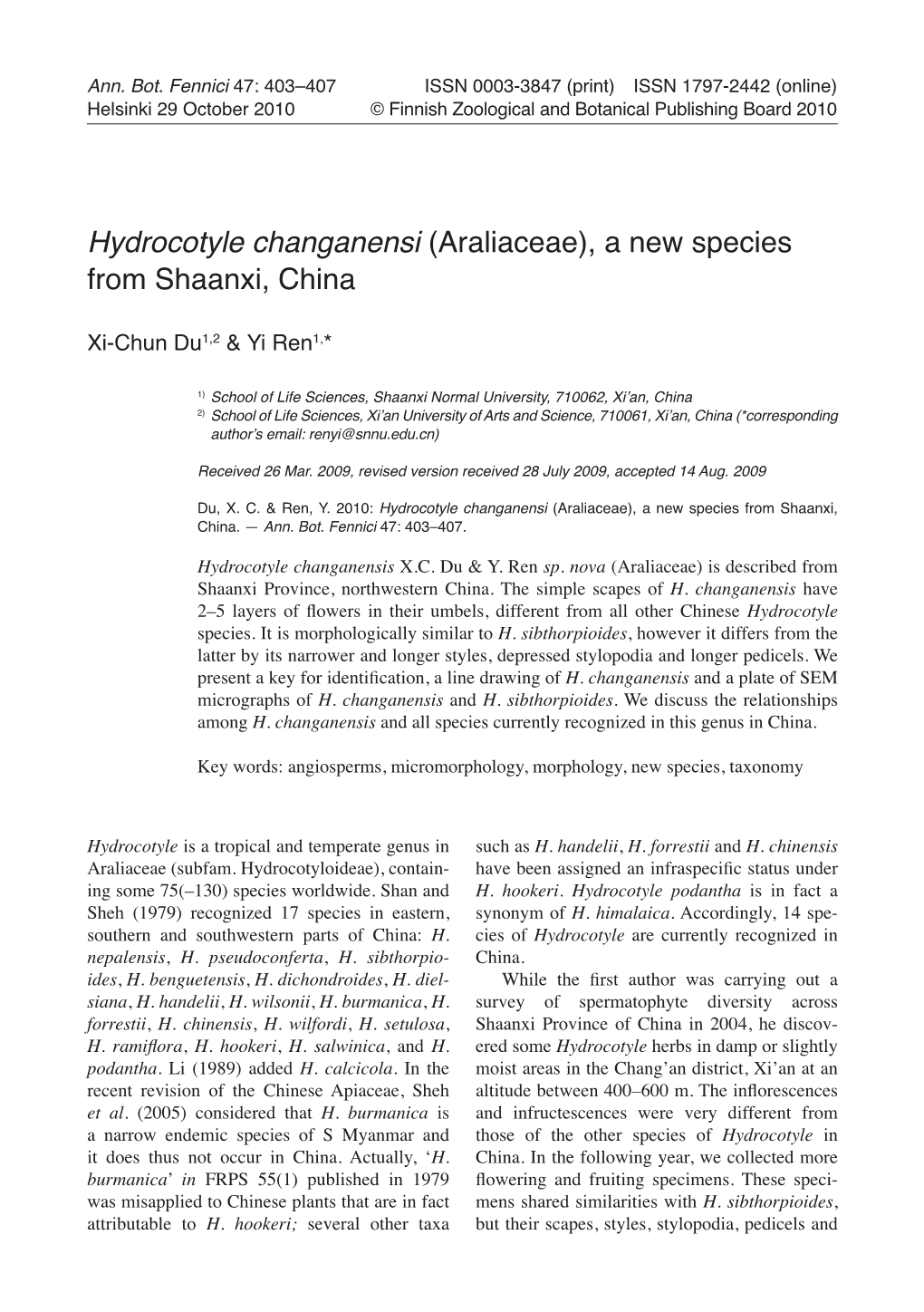 Hydrocotyle Changanensi (Araliaceae), a New Species from Shaanxi, China