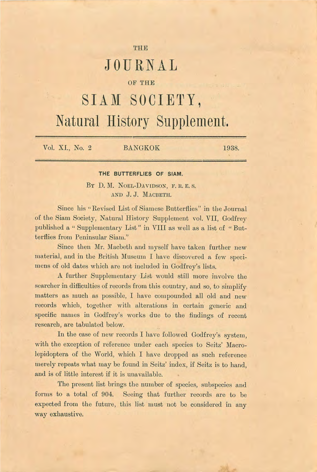 JOURNAL SIA~I SOCIETY Natural History Supplement