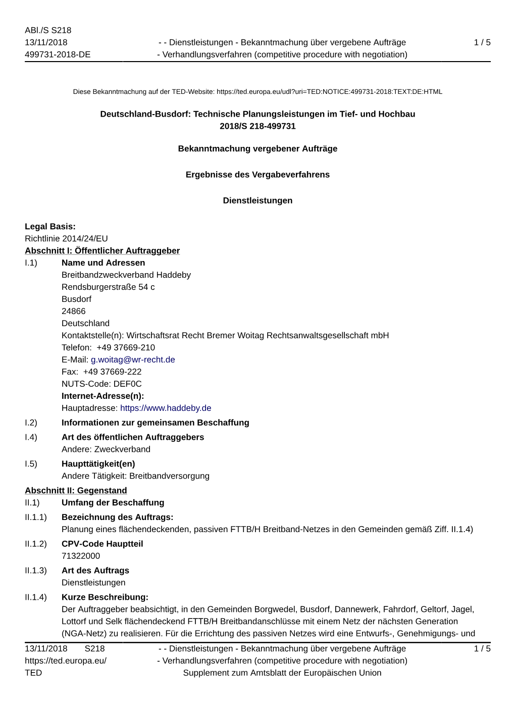 Deutschland-Busdorf: Technische Planungsleistungen Im Tief- Und Hochbau 2018/S 218-499731