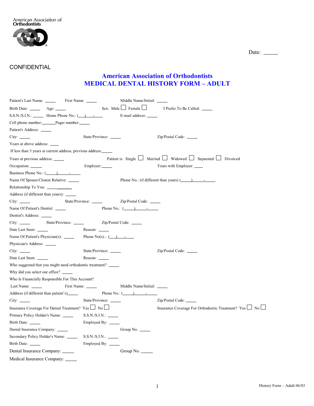 Medical Dental History Form Adult