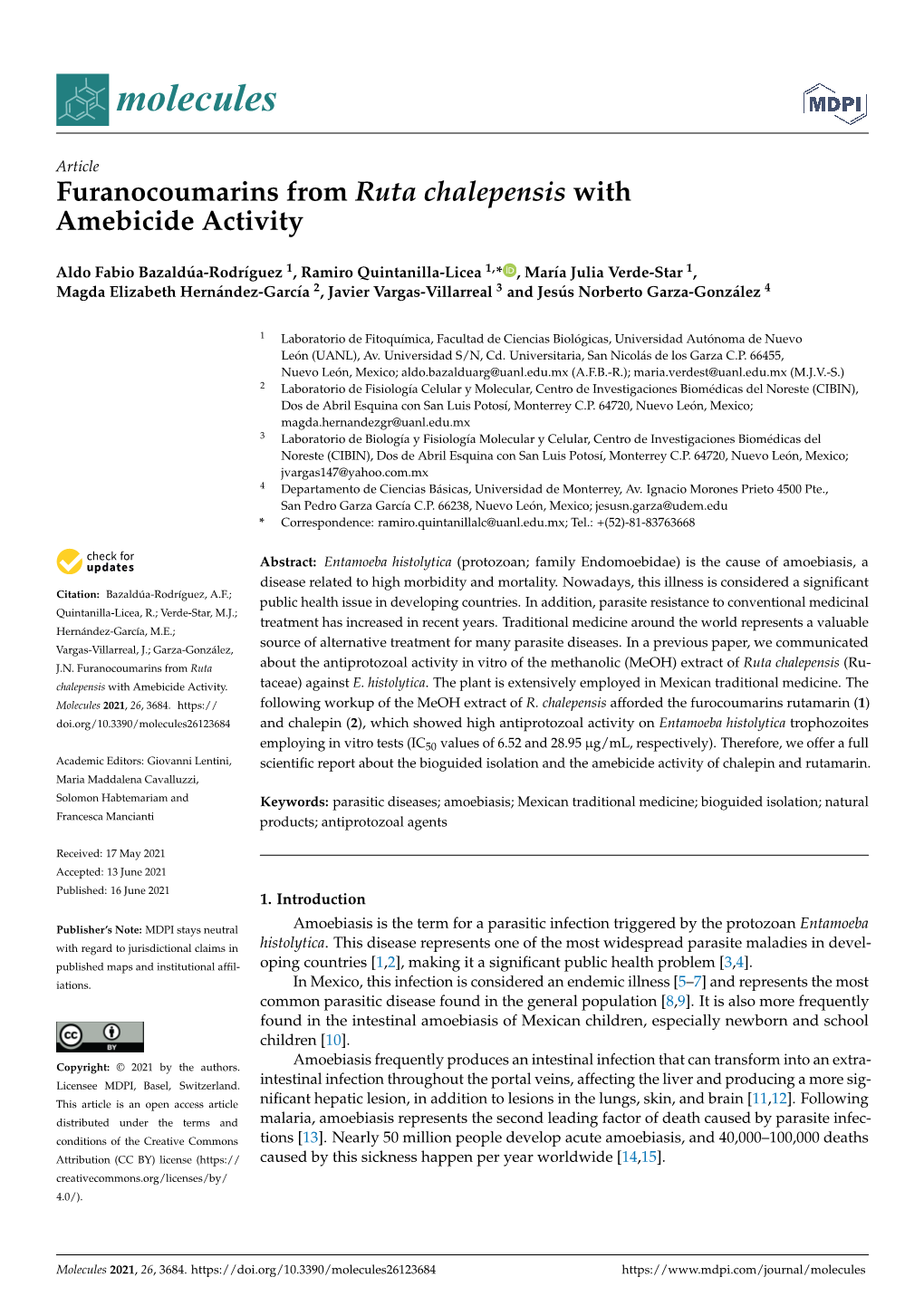 Furanocoumarins from Ruta Chalepensis with Amebicide Activity