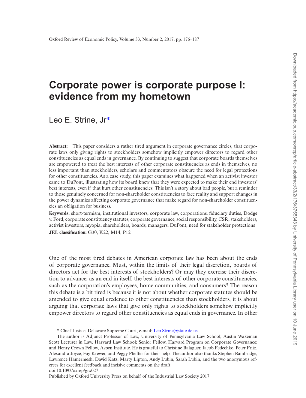 Corporate Power Is Corporate Purpose I: Evidence from My Hometown