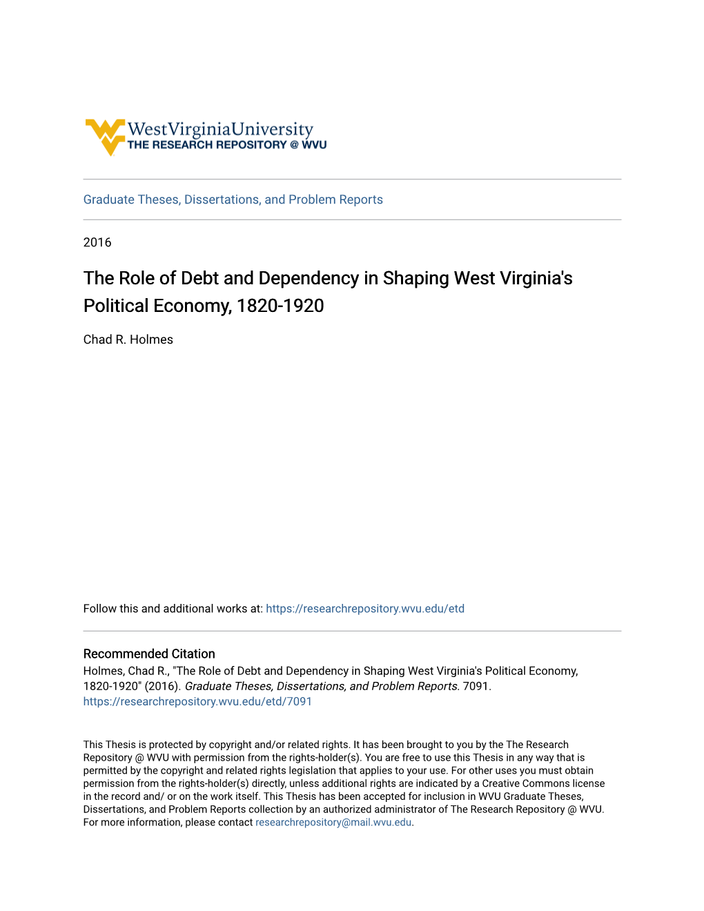 The Role of Debt and Dependency in Shaping West Virginia's Political Economy, 1820-1920