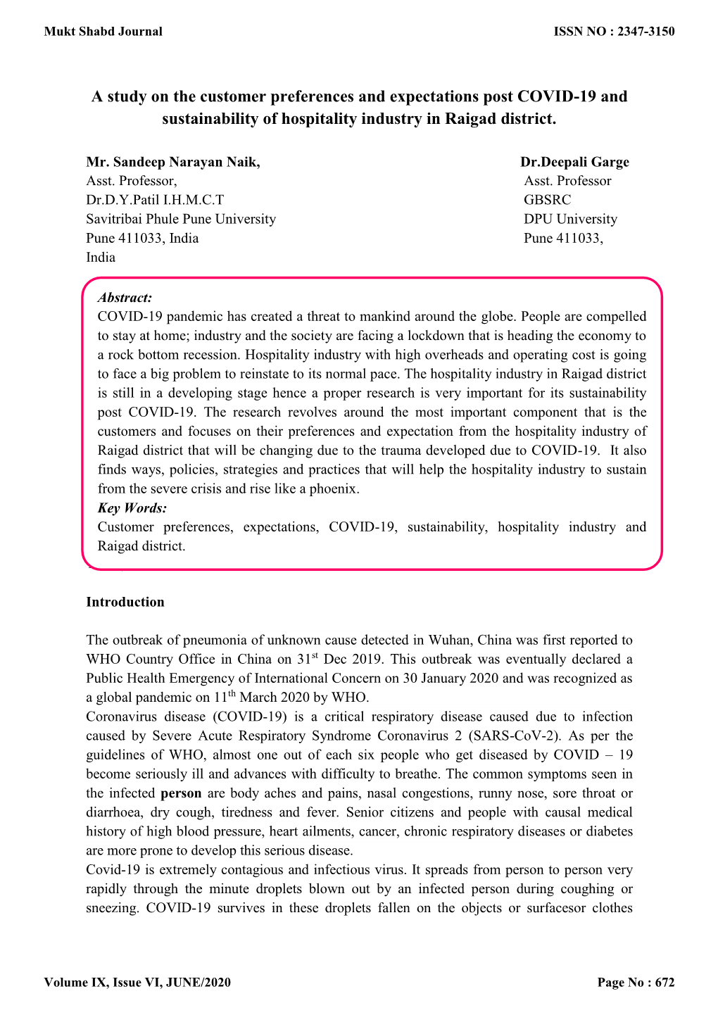 A Study on the Customer Preferences and Expectations Post COVID-19 and Sustainability of Hospitality Industry in Raigad District