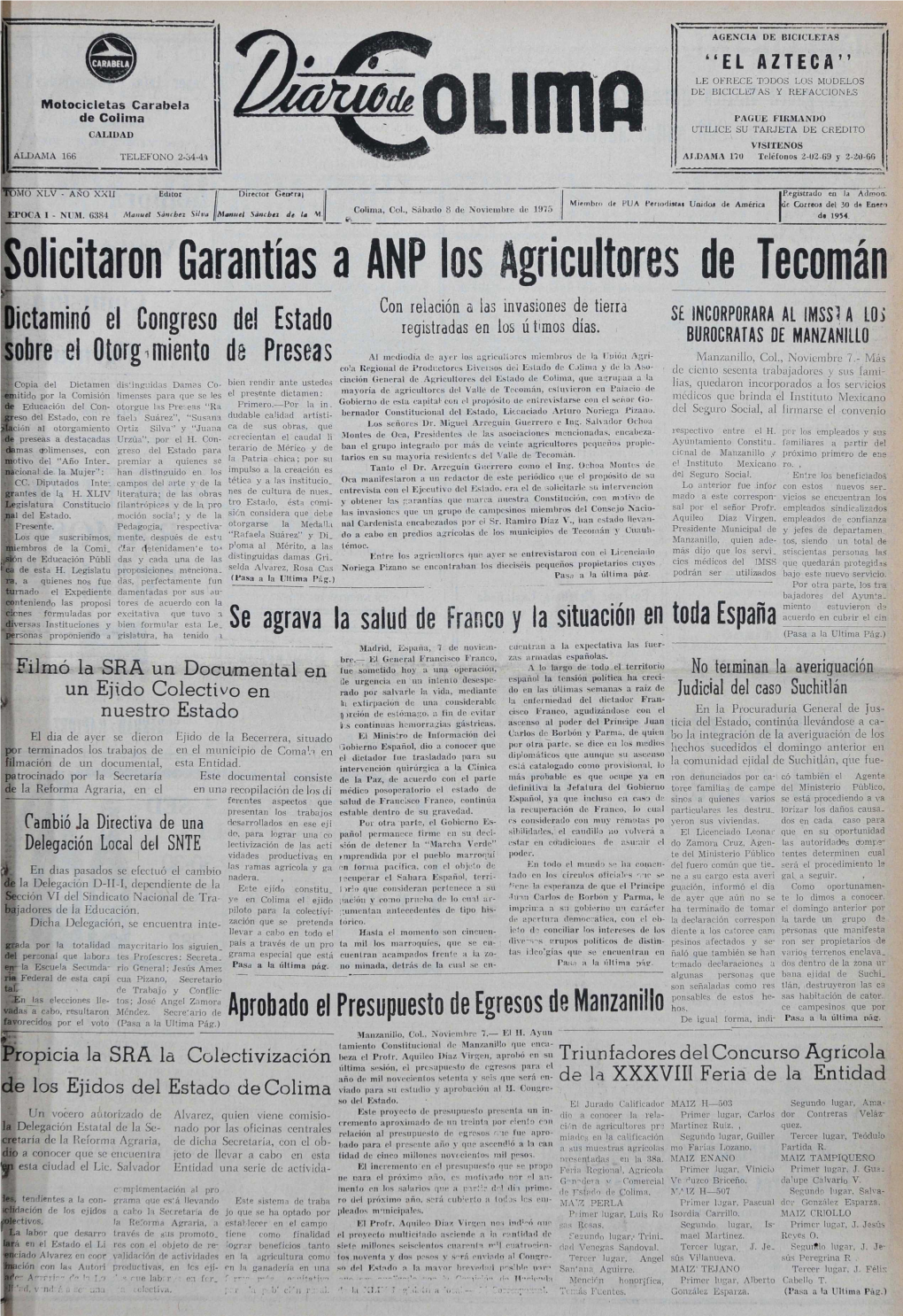 Solicitaron Garantías a ANP Los Agricultores ;Ogj• J. Be1(L•Ici(-)S Tiuio