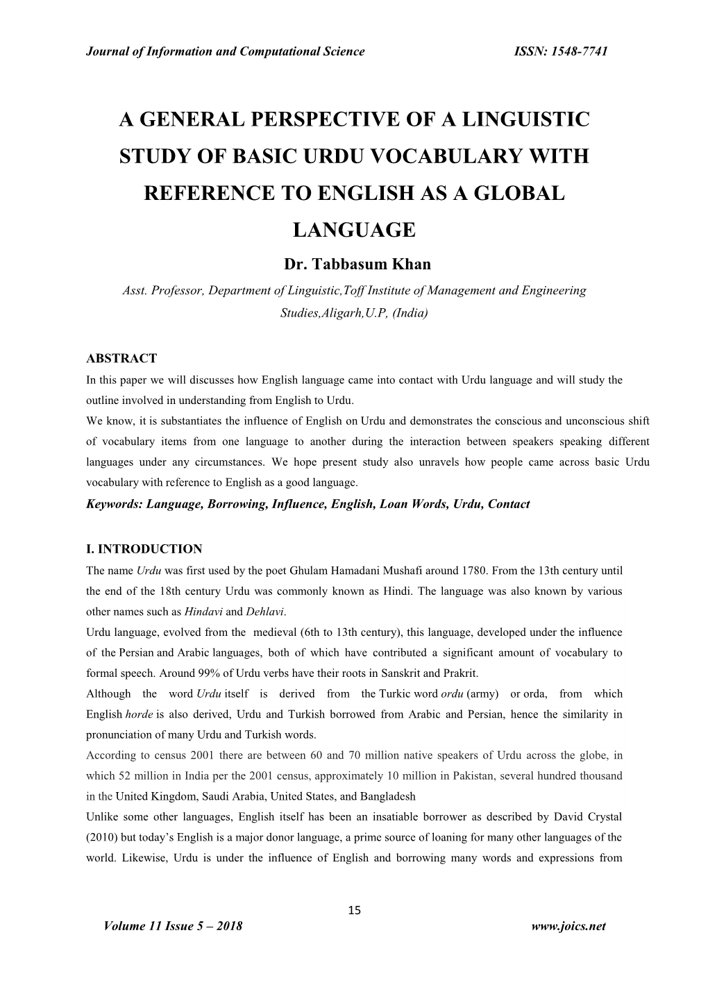 A GENERAL PERSPECTIVE of a LINGUISTIC STUDY of BASIC URDU VOCABULARY with REFERENCE to ENGLISH AS a GLOBAL LANGUAGE Dr