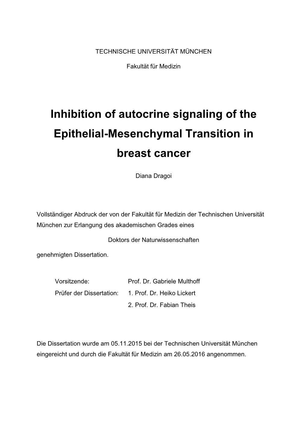Inhibition of Autocrine Signaling of the Epithelial-Mesenchymal Transition in Breast Cancer
