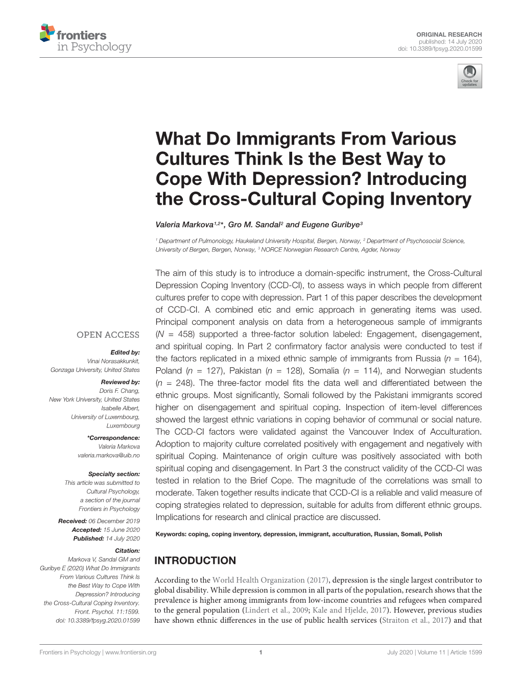 What Do Immigrants from Various Cultures Think Is the Best Way to Cope with Depression? Introducing the Cross-Cultural Coping Inventory