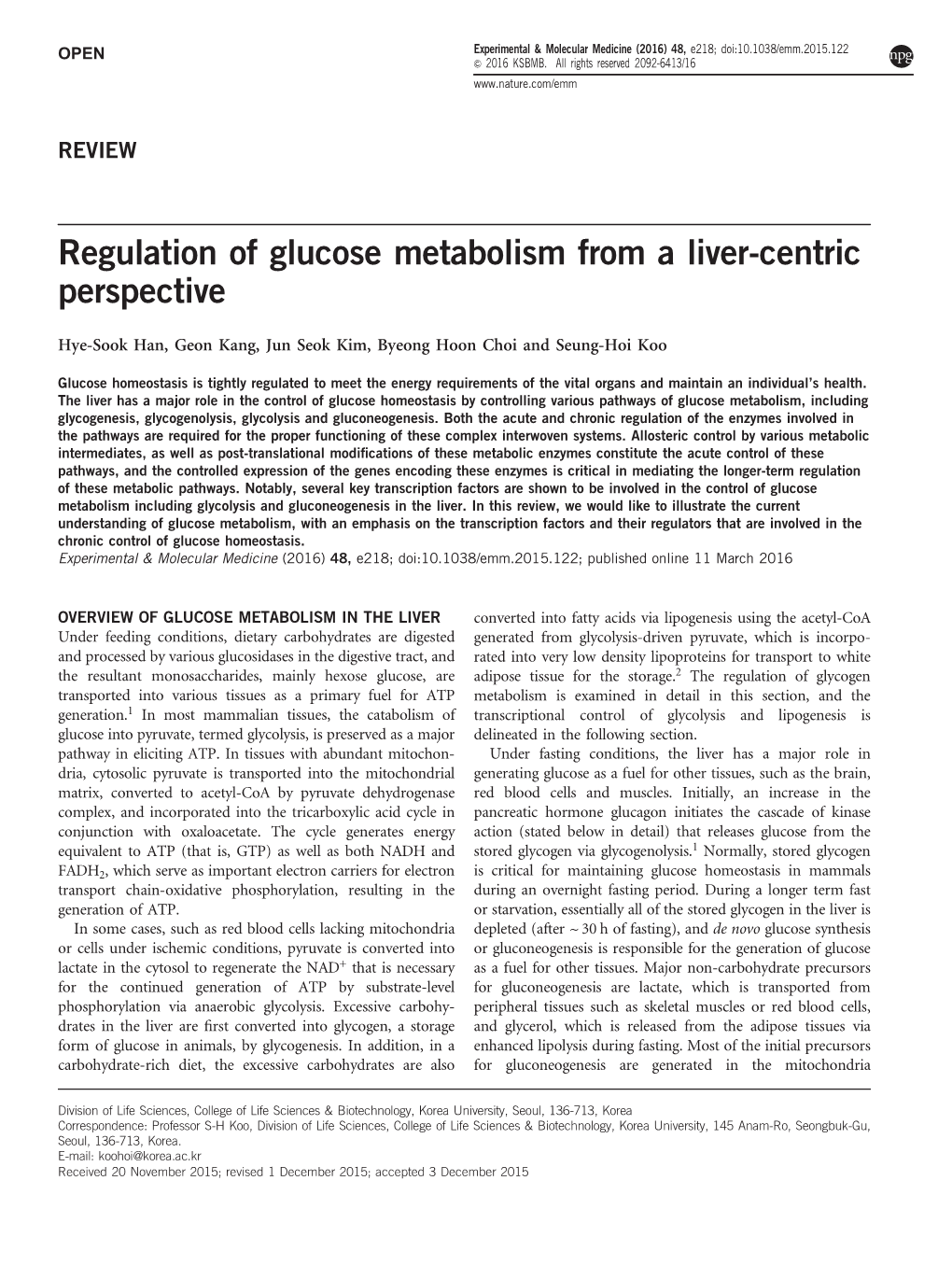 Regulation of Glucose Metabolism from a Liver-Centric Perspective