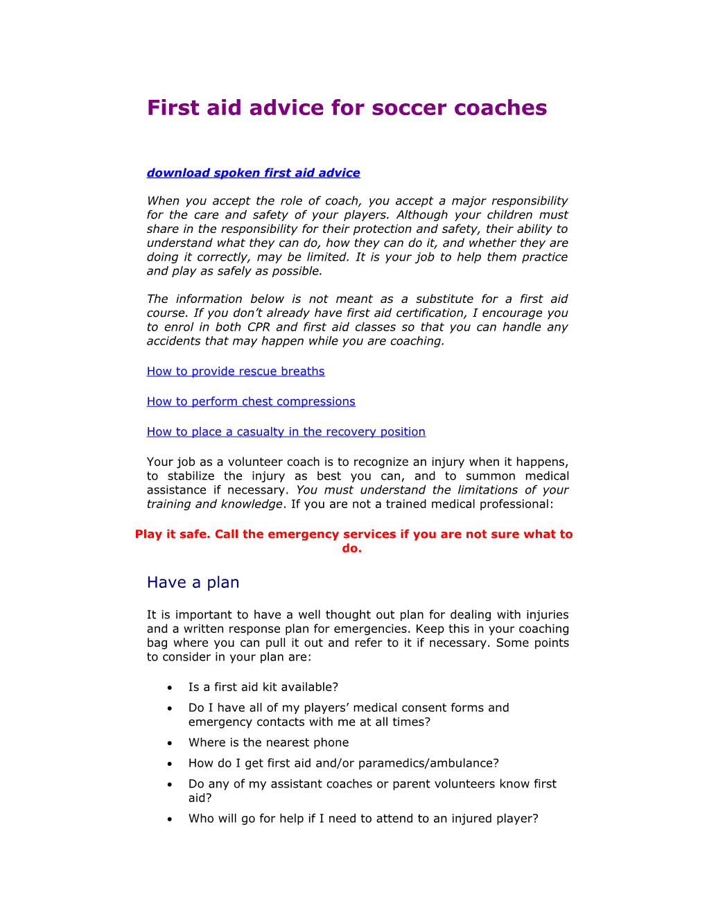 First Aid Advice for Soccer Coaches